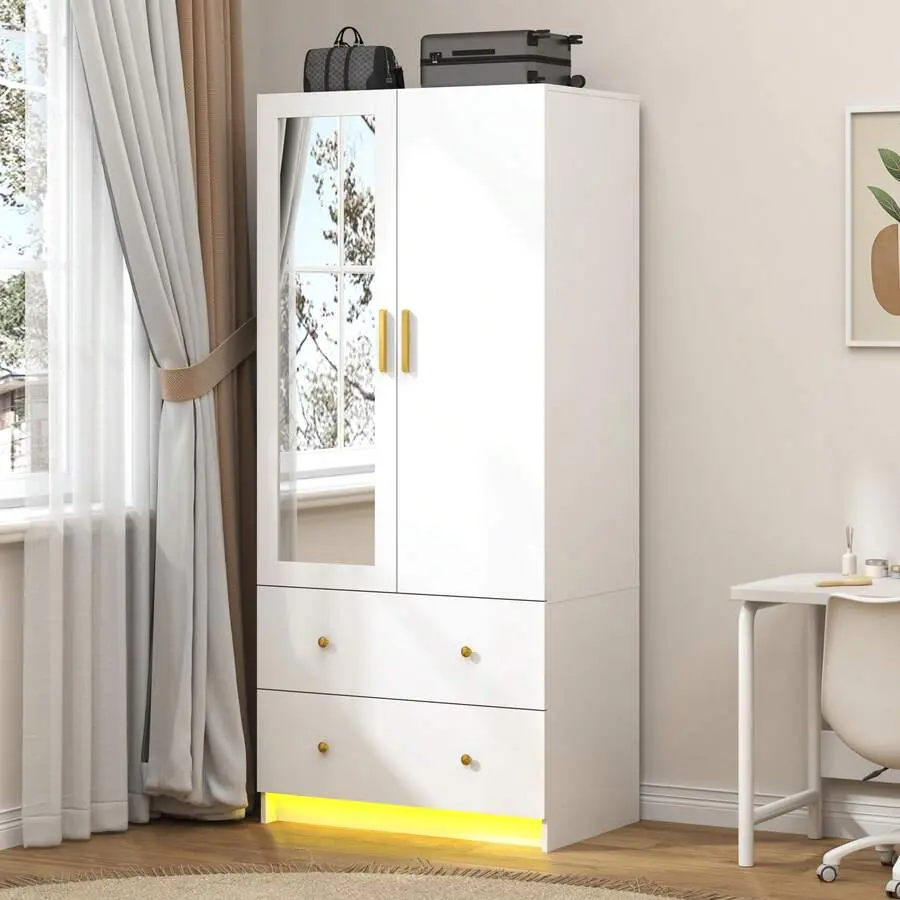 2 Door Wardrobe Closet With Mirror & LED Lights, Bedroom Armoire With Drawers & Shelves, Modern Wooden Armoire Wardrobe Closet With Hanging Bedroom