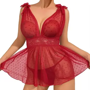 Goddess Wardrobe Famstar Women Polka Dots Mesh Babydoll Lingerie Lace Mini Night Dress