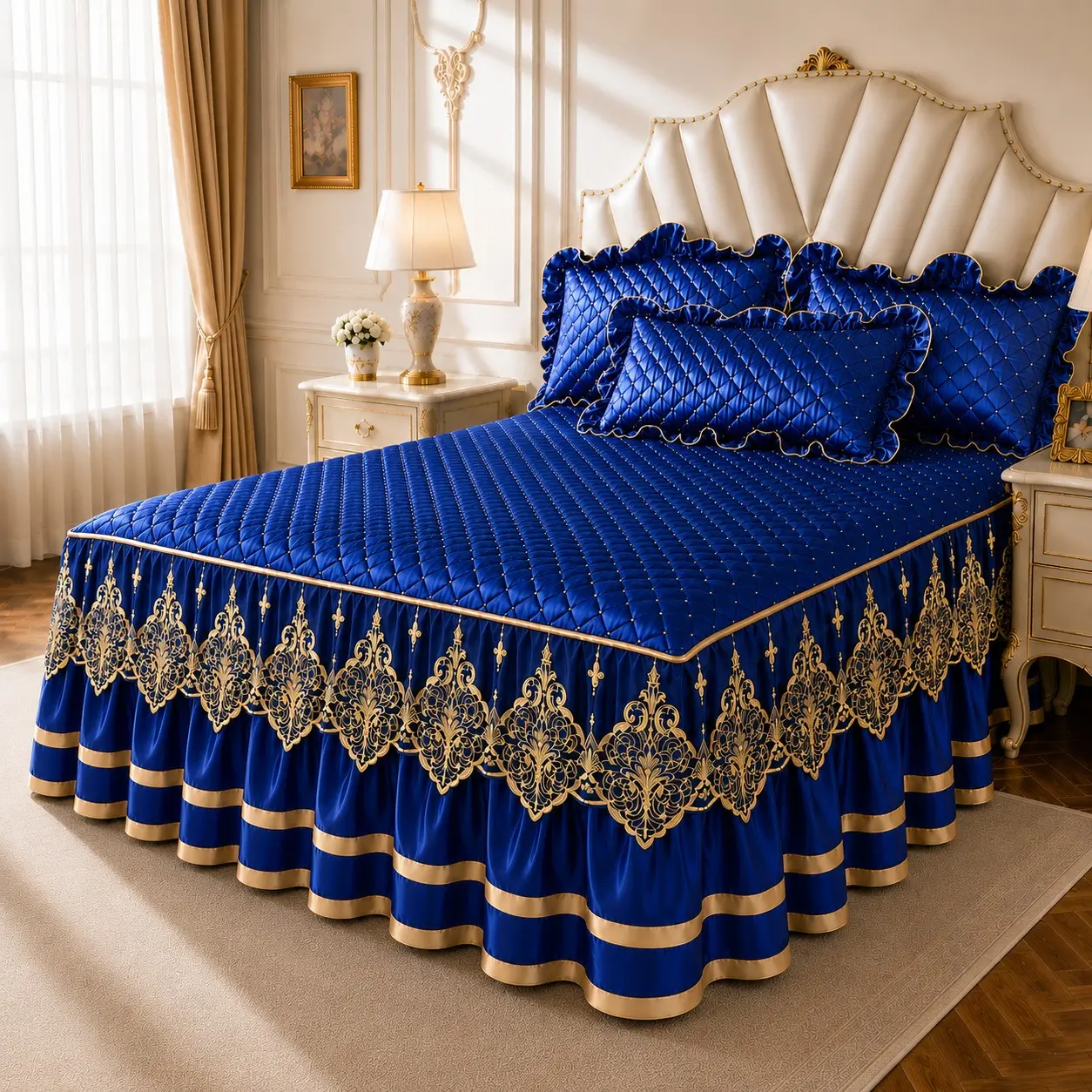 3pcs Lace Bed Skirt Set, Includes 1 Bed Skirt and 2 Pillowcases, Thick Quilted Mattress Protector, All Seasons, Versatile, Bedroom Decor