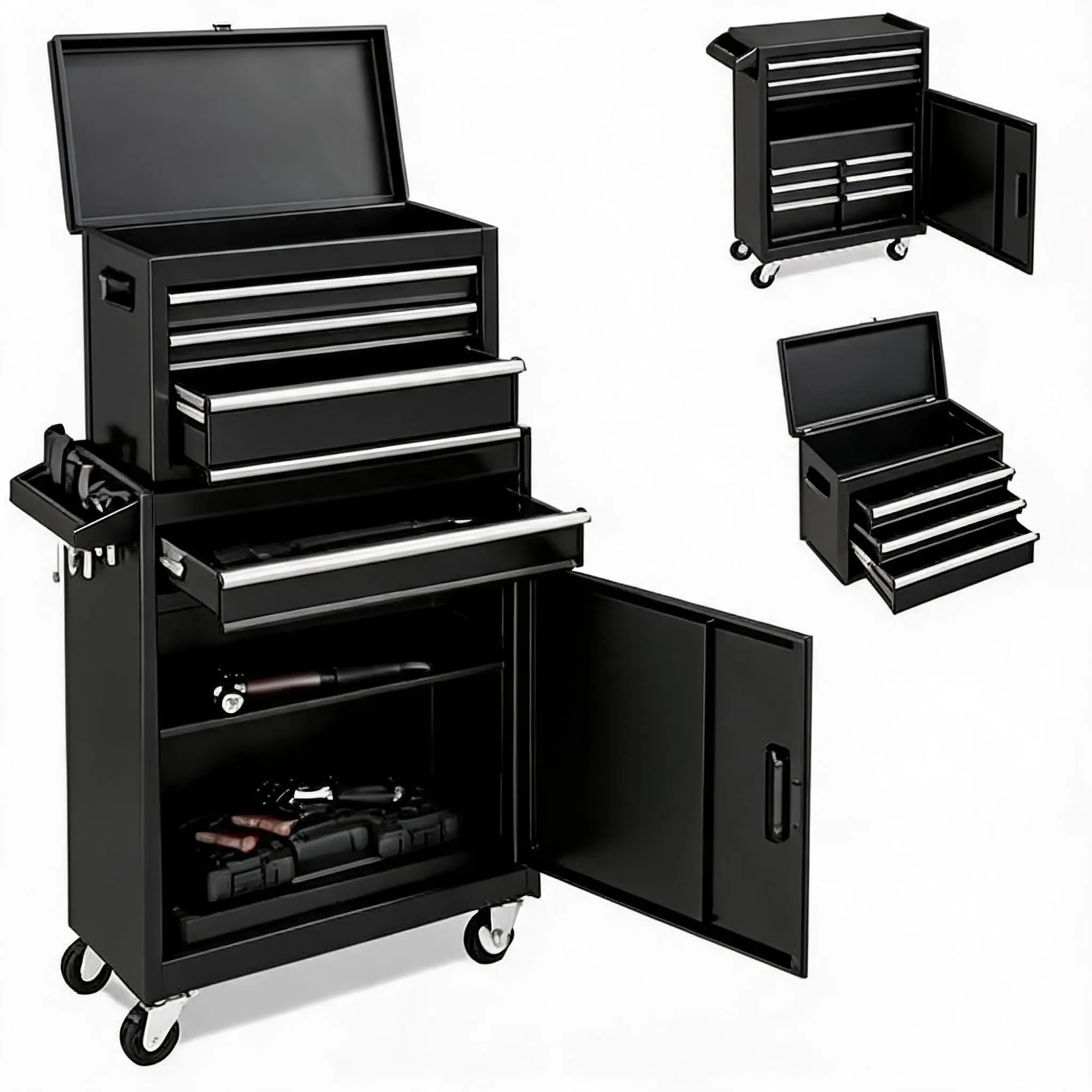 4-Deep-Drawers Steel Frame Rolling Tool Chest with Ball Bearings, Lockable Metal Tool Cart with Protective Liners, Side Armrest & Wheels Lock, Ideal for Garage DIY Enthusiasts