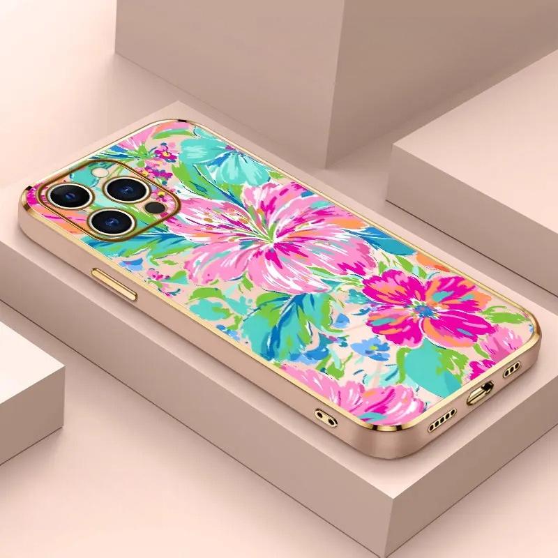 Electroplating Phone Case Floral Color Symphony Patterned Classic Square Design Non Slip TPU Soft Shell Cellphone Protective Casing for iPhone 17 Pro Max Air 16 15 14 Plus 13 12