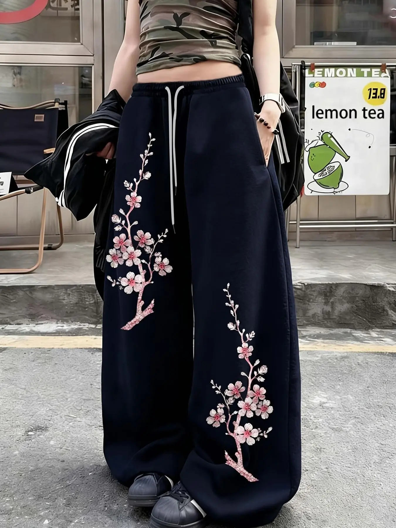 Women's navy blue wide-leg sweatpants, trendy cherry blossom print street style drawstring pants, comfortable and casual trousers, suitable for everyday wear and TikTok trending looks.