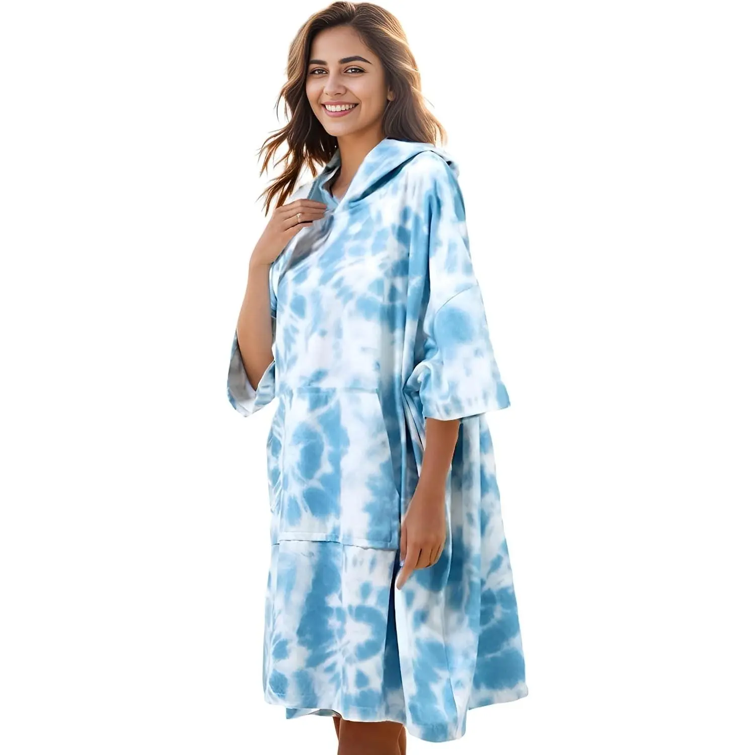 Plus Size Terry Cloth Surf Poncho with Hood and Pocket - Changing Towel Swim Cover Up for Women(Gift)