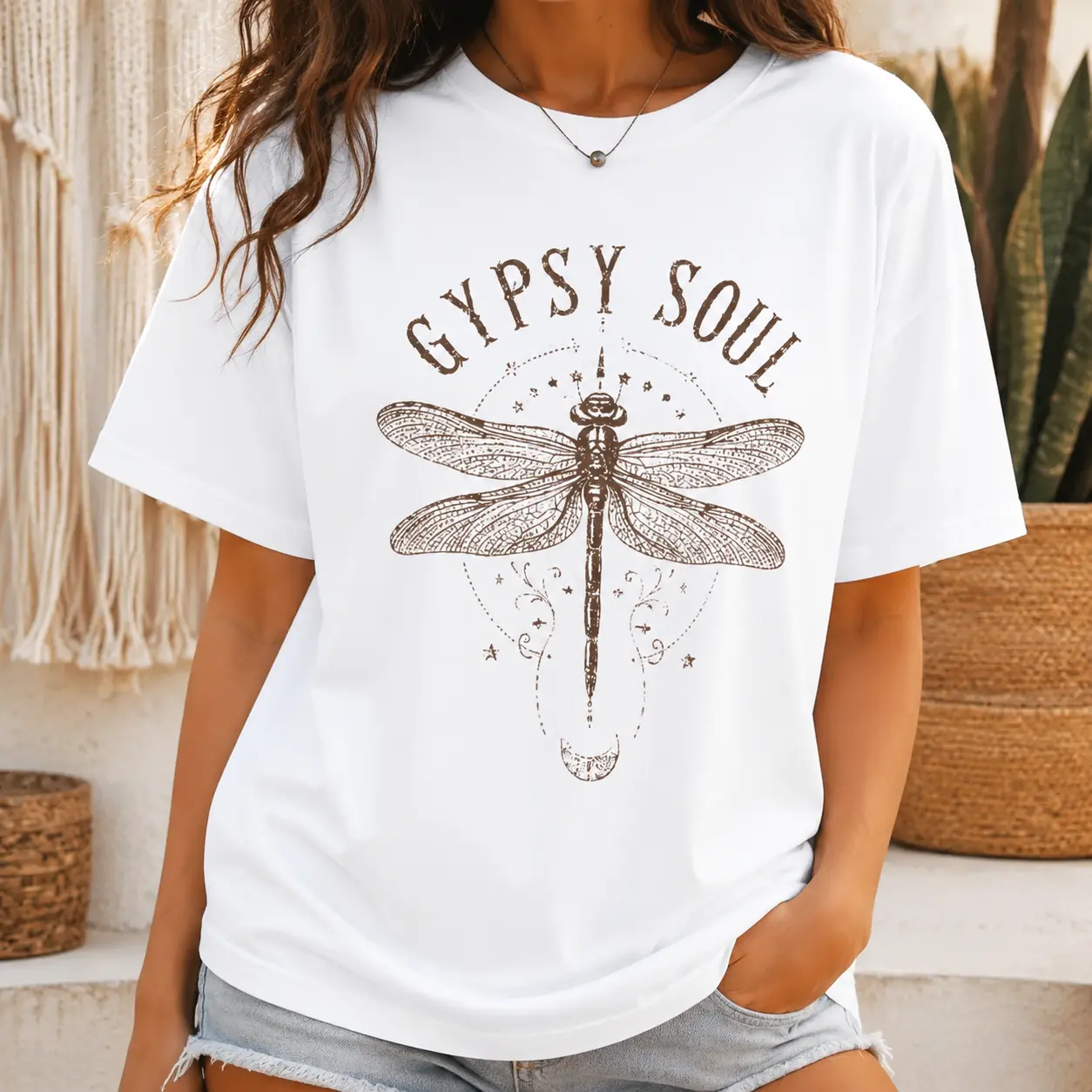 Women’s Vintage Gypsy Soul Dragonfly Graphic Tee |   Boho Mystical Crescent Moon Plus Size Casual T-Shirt