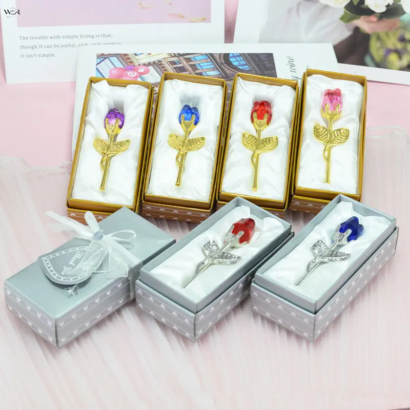 Mini Crystal Rose Ornament with Gift Box, 8.5cm Metal Stem Artificial Crystal Rose Flower Keepsake, Gold Silver Frame Multi Color Crystal Rose Romantic Valentine Birthday Gift for Women