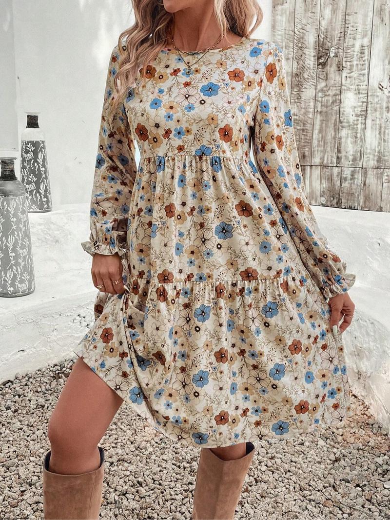 Women's Floral Print Tie Neck Flounce Sleeve Dress, Elegant Fashion Casual Dress for Daily Outdoor Wear, Women Dress for Spring Fall