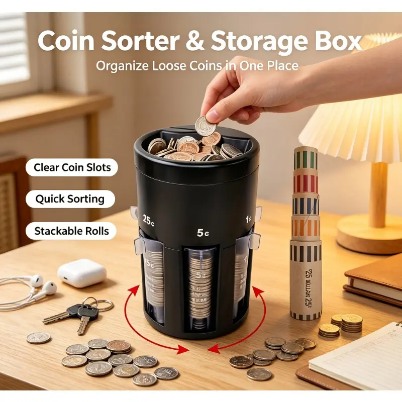 5-Channel Manual Coin Sorting Tool, Loose Change Sorter with Coin Wrapping Paper, Suitable for Retail & Office Finance, Universal Practical Gift for Shops & Workplace