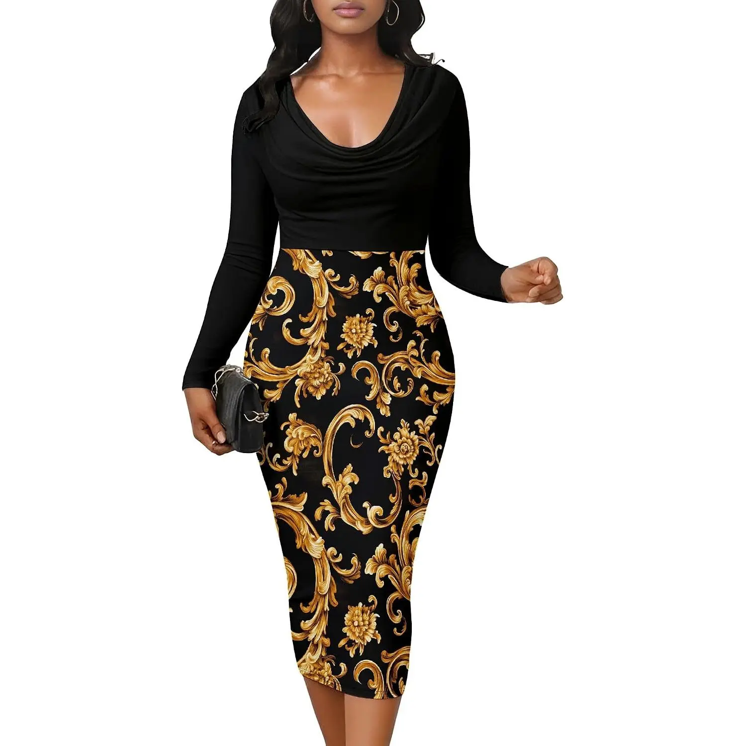 SUZONANA Womens Plus Size Midi Dresses Church Dresses Long Sleeve Bodycon Cowl Neck Pencil Dress