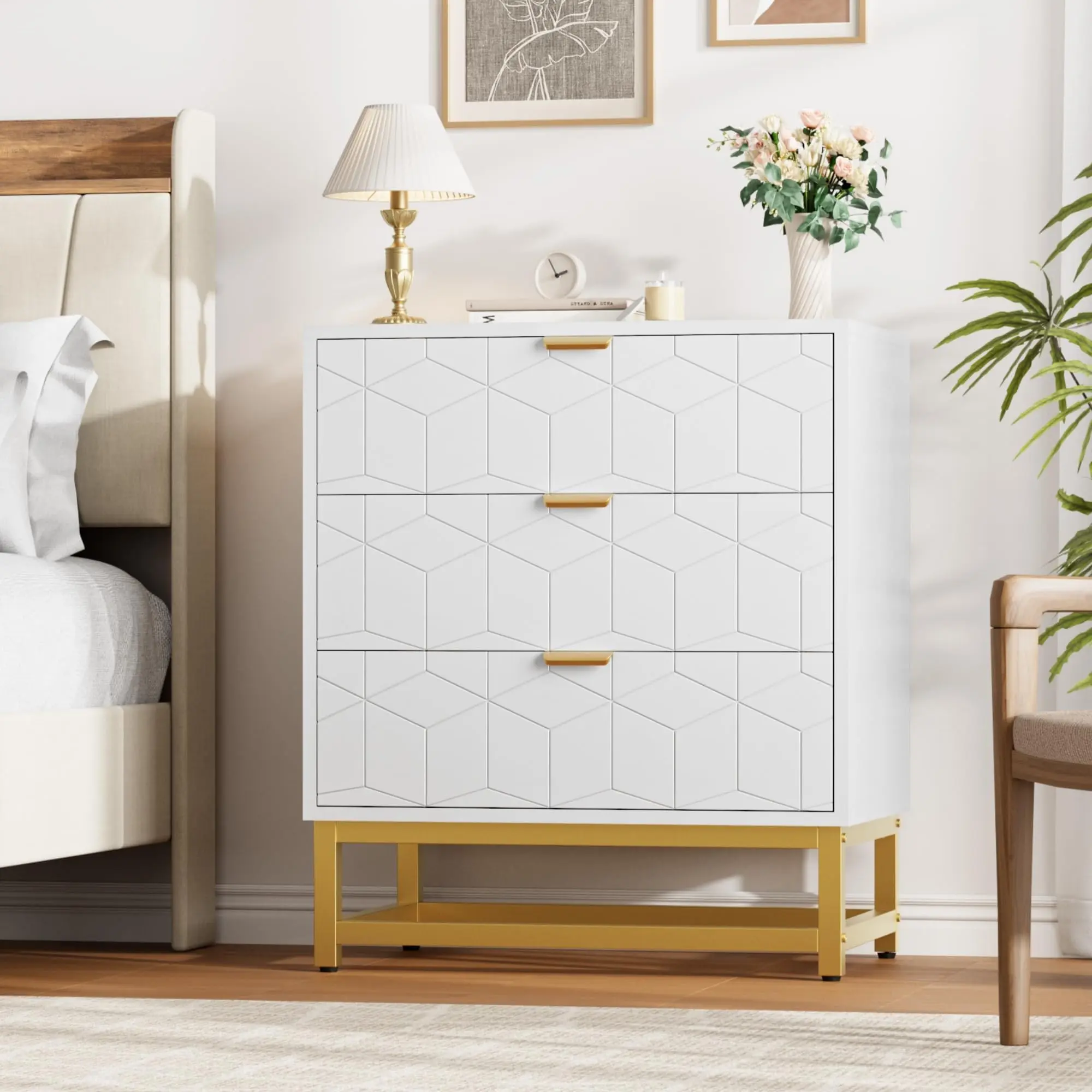 Black Wood Modern Dresser - 3-Drawer Eclectic Look Indoor Apartment Cabinet with Gold Metal Legs/Handles, Carved Patterns, TV Stand, Living Room Storage & Organization Furniture