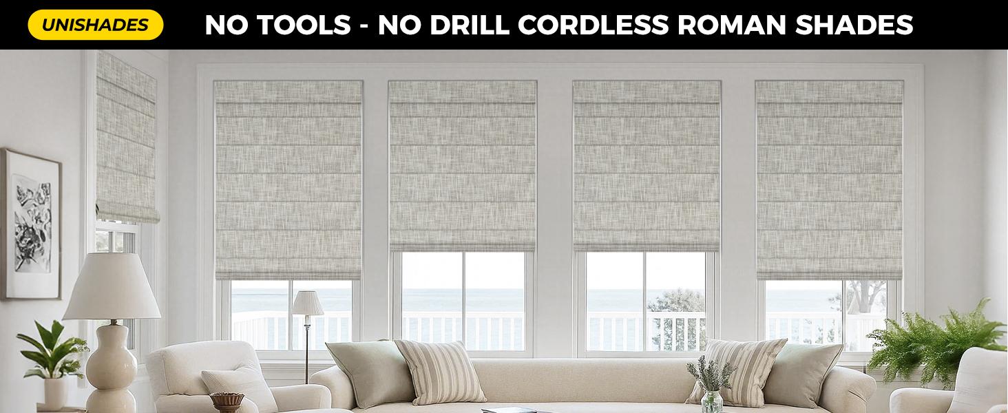 No Drill Cordless Roman Shades for Windows, 20" W * 64" H - 100% Blackout - Linen - Beige