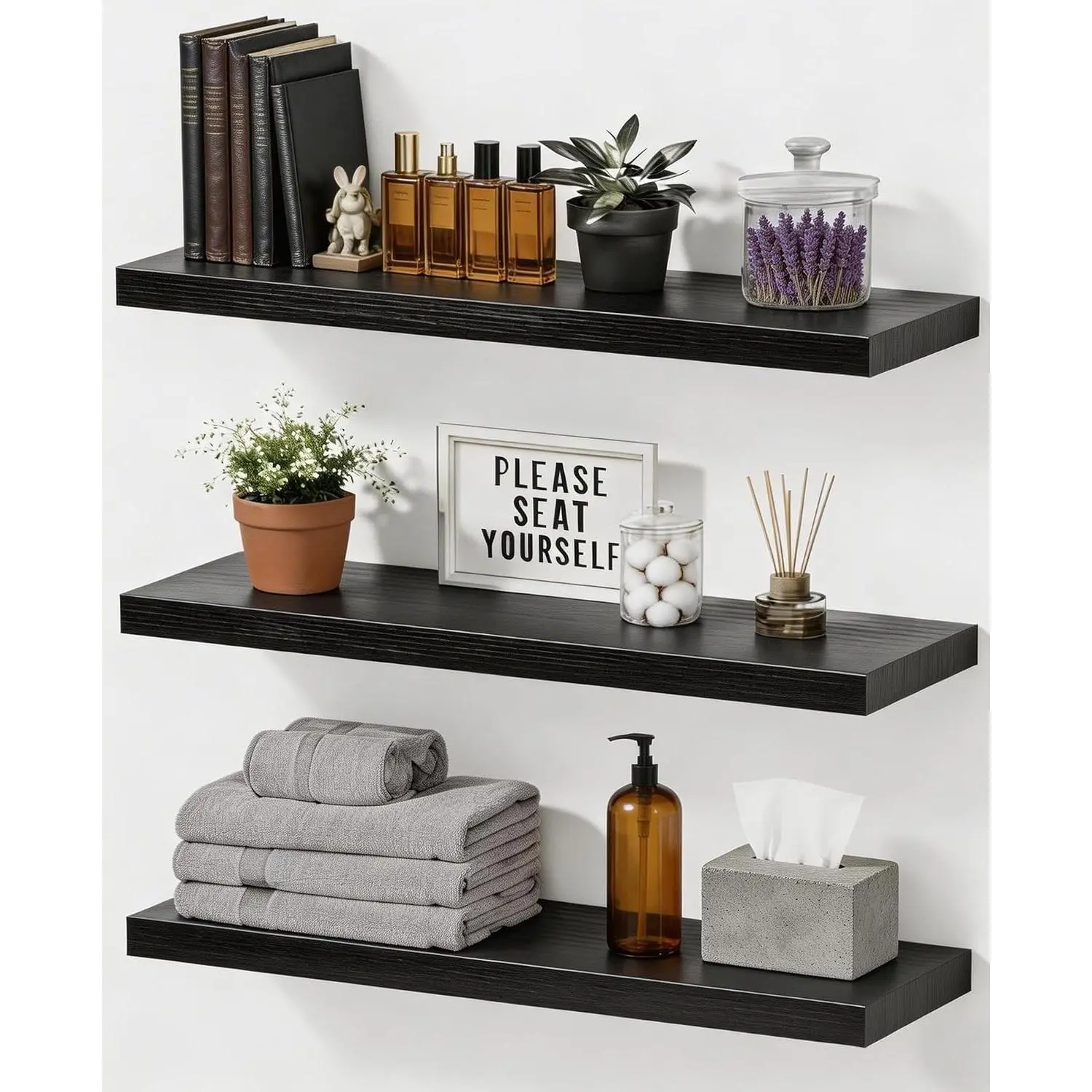 Easy Install Wall Shelves, 15.6 Inch Wall Mounted Wood Floating Wall Shelves, Set of 3, Small Wall Shelves for Storage and Wall Decor, Living Room, Kitchen, Office, Corner Shelf for Bathroom, Black