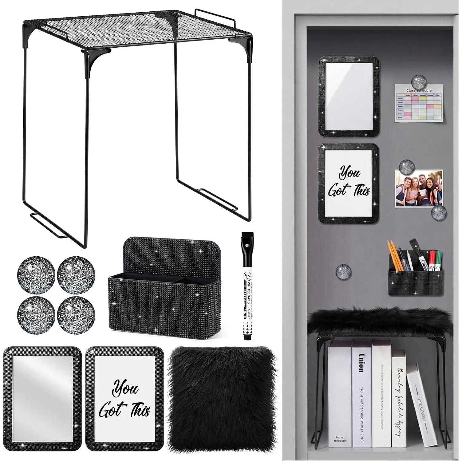 10 Pcs Glitter Locker Organizer and Decorating Kit, Locker Accessories Include Magnetic Storage Cup, Mirror, Shelf, Rug, Magnets, Whiteboards with Markers for Office Essentials(Black)