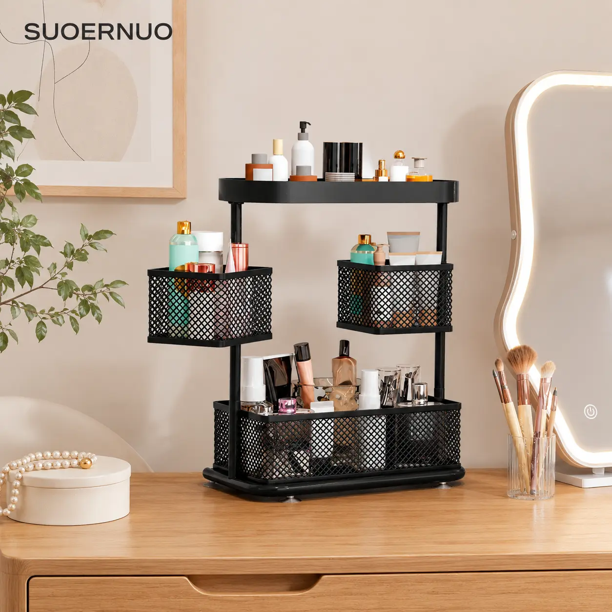 SUOERNUO 3-Tier Smooth Waterproof 360° Rotating Multi-Level Organizer, Metal Tiered Cosmetic Organisers for Beauty Products with Anti-Slip Base for Vanity, Countertop