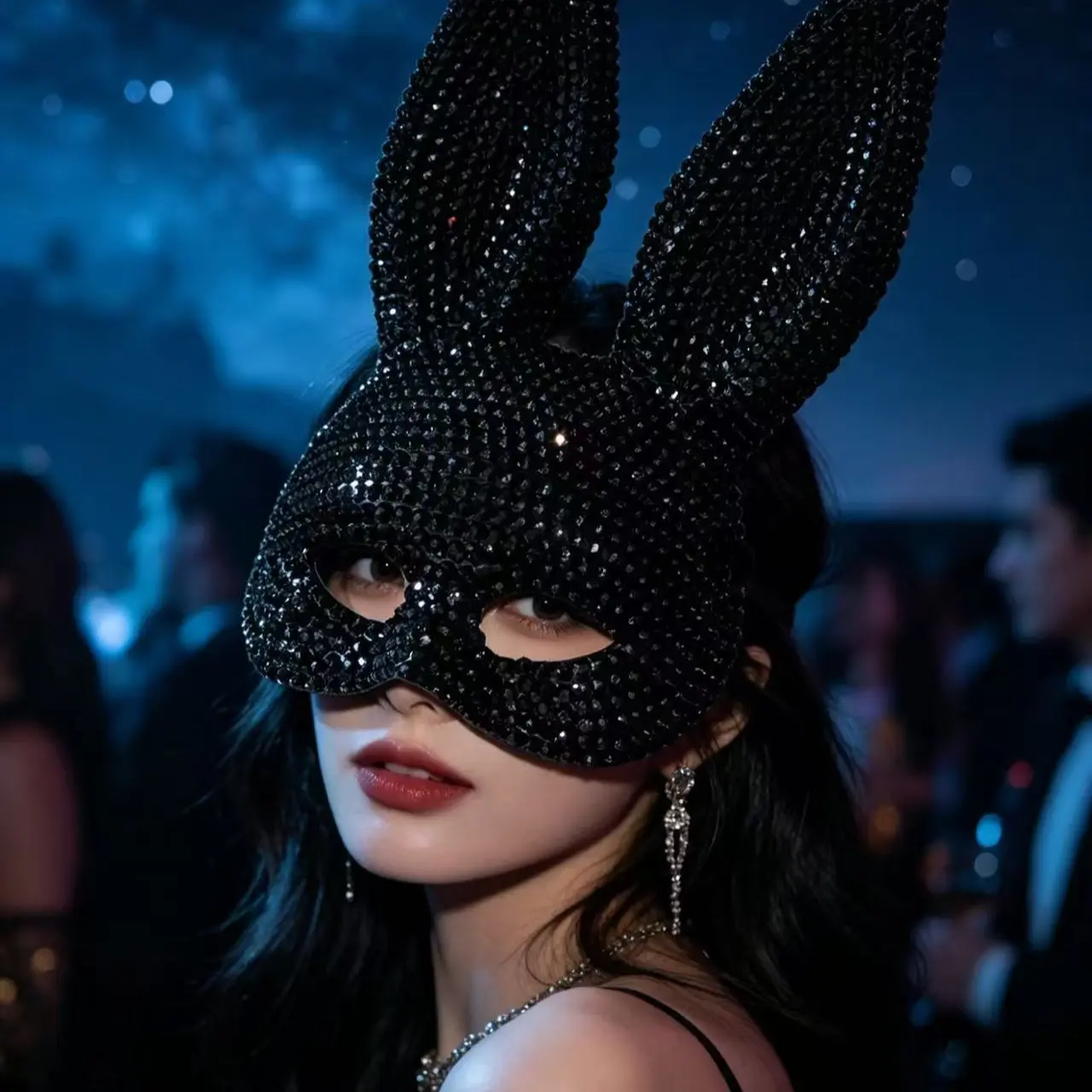 Luxury Rhinestone Bunny Mask, Sparkling Water Drills, Long Ears, Multi-Color, Festival Props, Adult Masquerade Party Decorations