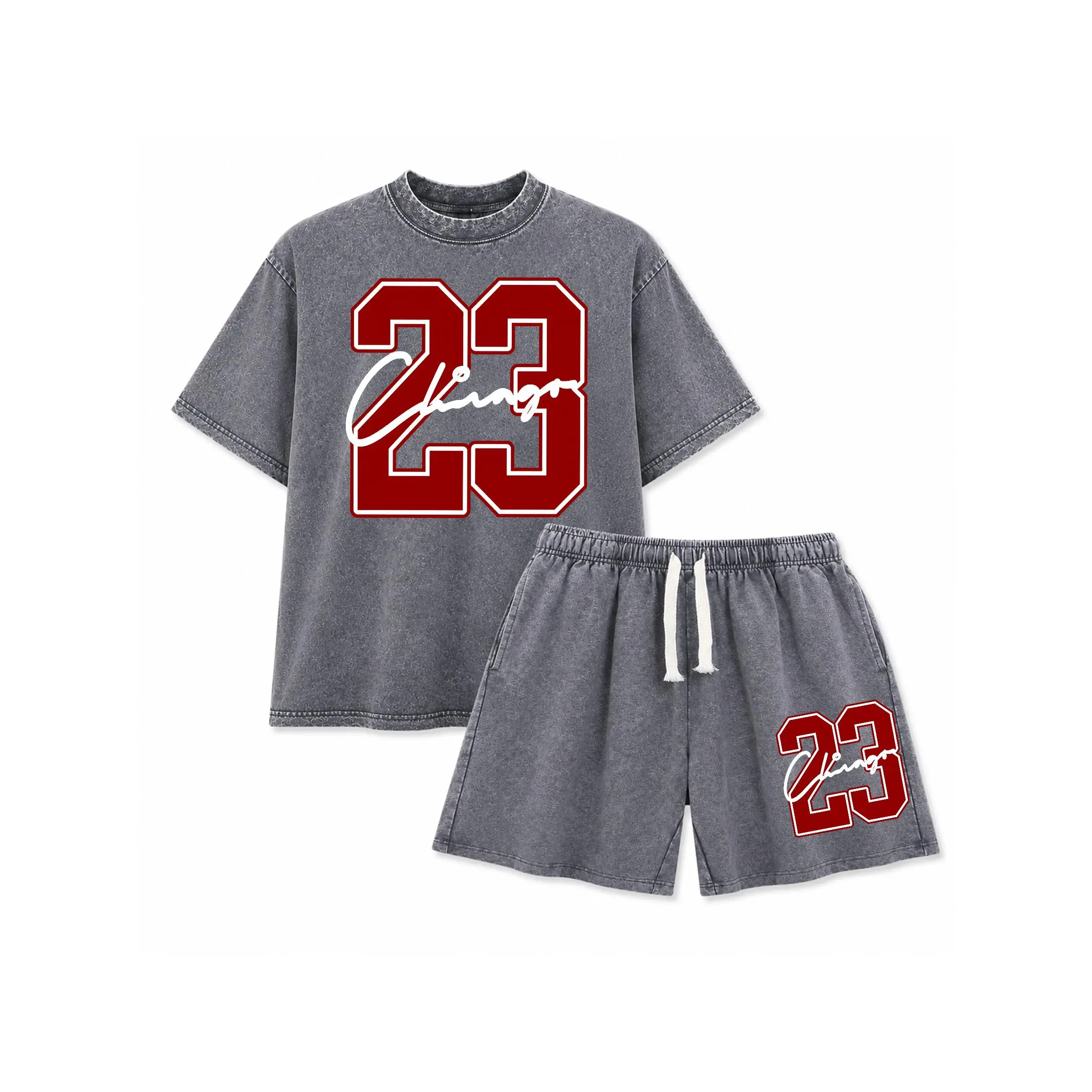 Men's Spring And Summer Chicago No.23 Print With Red And Black Line Checkered Fabric Drawstring Shorts Set, Casual Summer Outfit With Short-Sleeved Shirt And Shorts, Ideal For Everyday Wear And Sports Activities