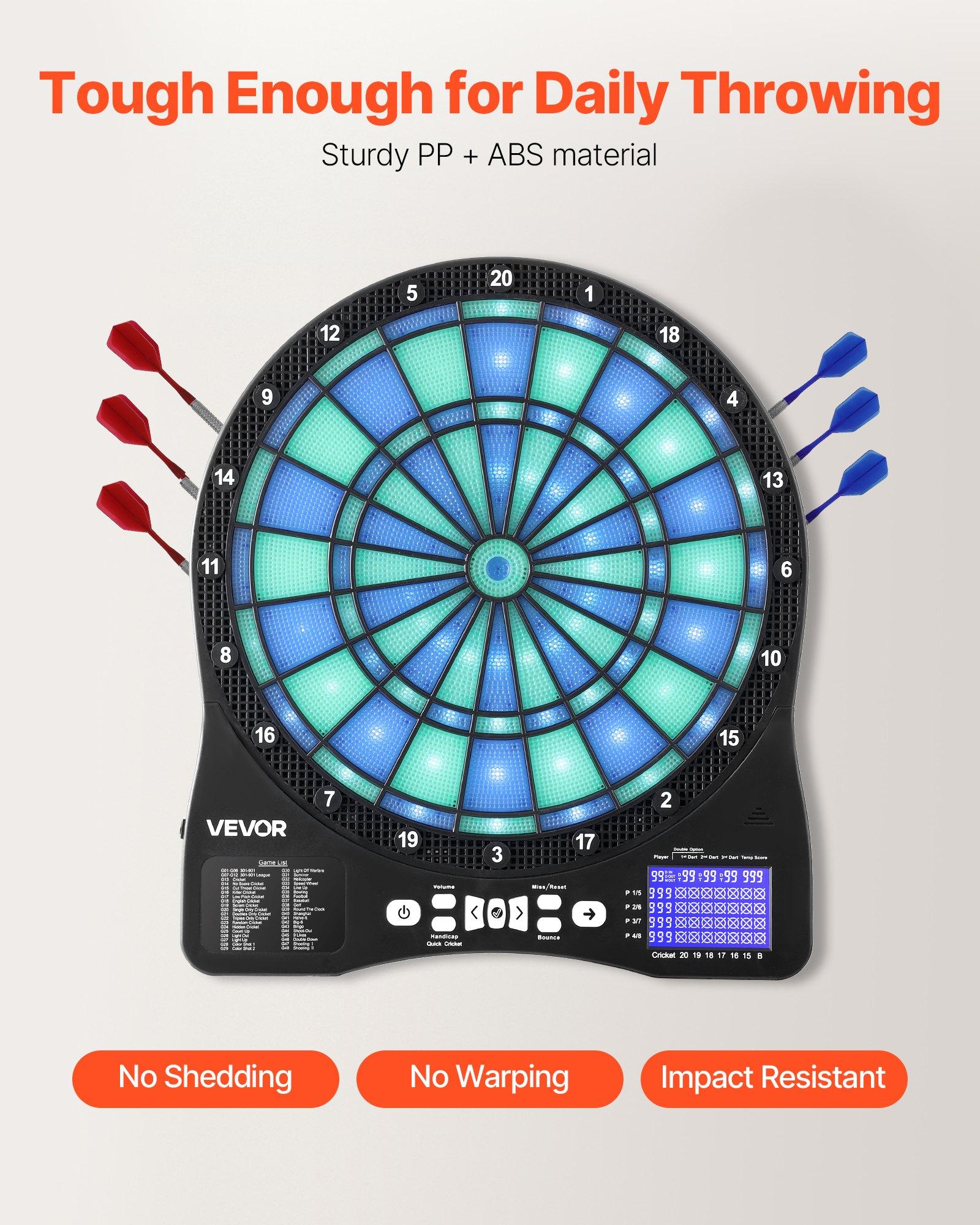 VEVOR Electronic Dart Board, LED-Illuminated Target Dartboard with 48 Games & 500+ Variations, Includes 6 Dart Shafts with Flights & 50 Soft Tips, Cricket Scoring LCD Screen - Supports Up to 8 Players
