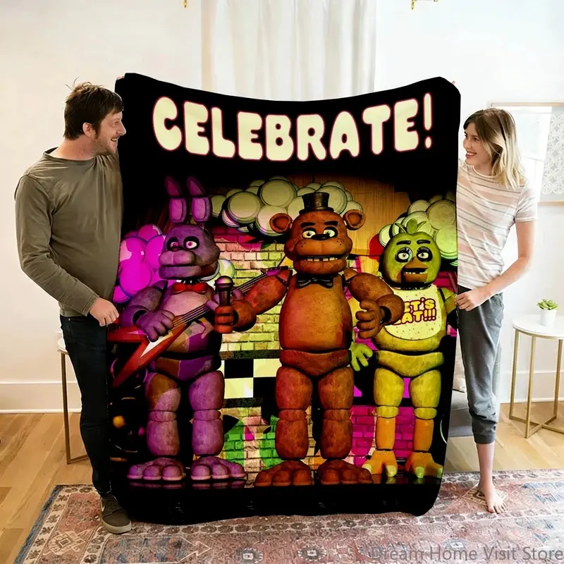 Five Nights At Freddy's Celebrate Freddy Bonnie Chica Flannel Blanket, FNAF Classic Animatronic Print Throw Blanket, Horror Game Fan Sofa Bed Blanket