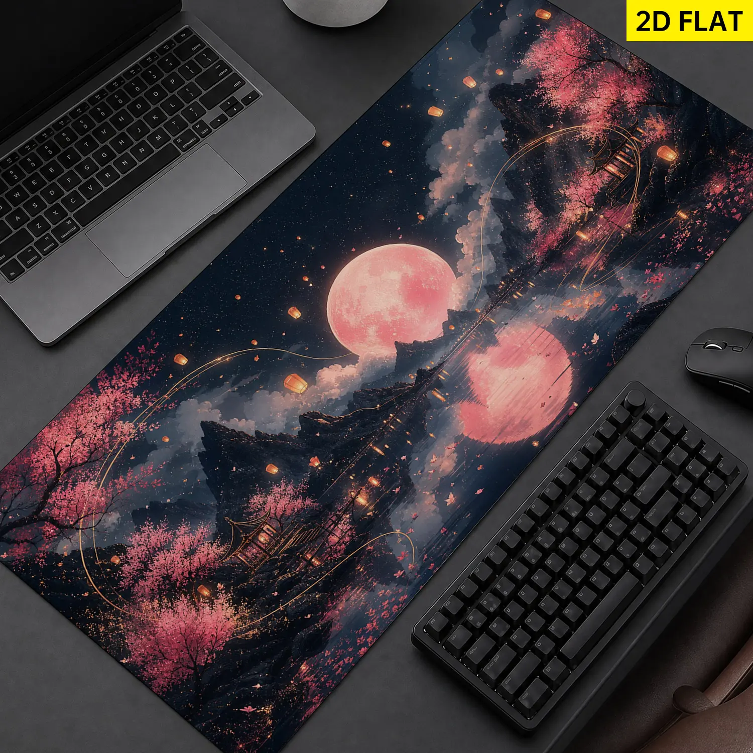 Extra Large Pink Moon And Cherry Blossom Landscape Mouse Pad,Non Slip Rubber Pad,Desktop Decoration Drotection Pad,Washable,Lock Edge Multi Size,Premium Multipurpose Mousepad For Home,Office,Gift for Family and Friends