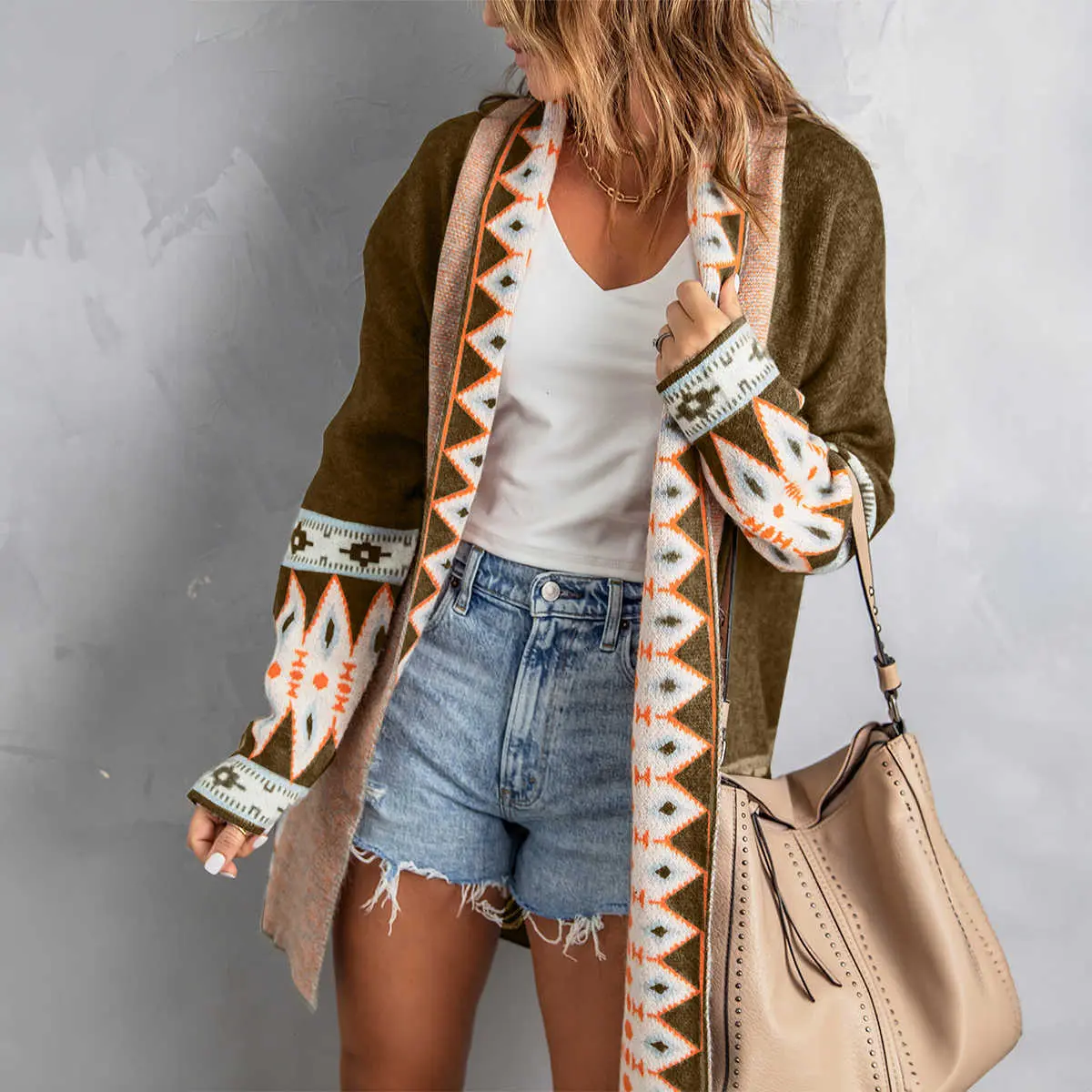 Women's Chic Long Sleeve Knitwear, Brown Aztec Print Open Front Knitted Cardigan, Casual Style for Matching Bottoms, Tops