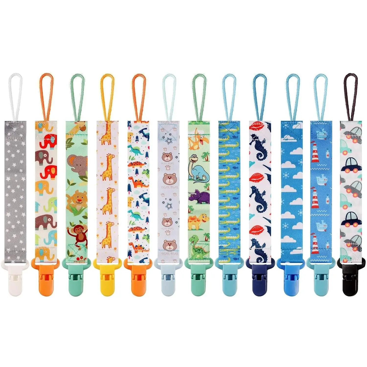 12 Pack 25.5cm Pacifier Clips with Strap - Premium Polyester Baby Pacifier Holder Set, Multi-Design Clips for Boys Girls (Multi Color C)