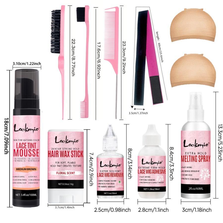 Hair Styling Tool Set, 11-Piece Set with Hair Wax Stick, Lace Wig Glue, Lace Wig Remover, Melting Spray, Lace Tint Mousse, Wig Cap, Hair Band, Brush and Comb, Lace Wig Adhesive Kit #TOP PICKS