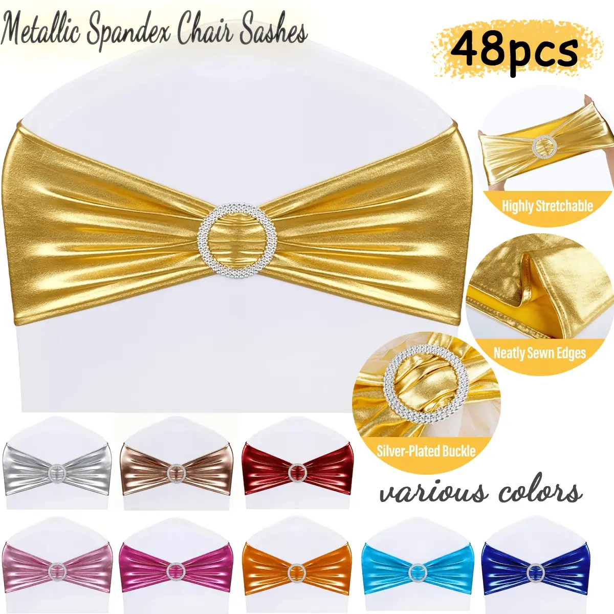 48pcs Premium Spandex Stretch Chair Sashes with Buckle Slider, Metallic Chair Cover Bands for Wedding Ceremony Event, Banquet Decor, Various Colors Available