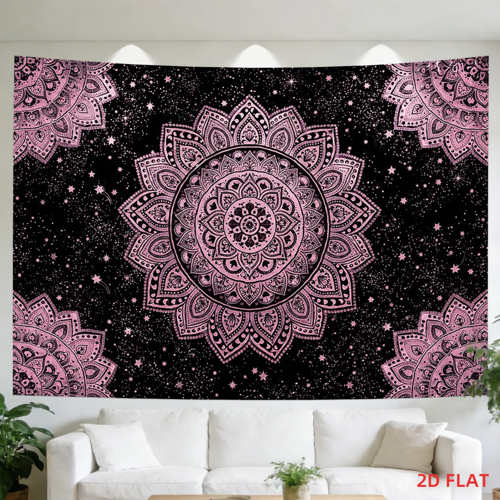 Mandala Tapestry Wall Hanging Boho 2D Flat Print with Intricate Starry Geometric Design, Vibrant Black Pink Aesthetic Room Decor for Bedroom Living Room Meditation Space Office Dorm Apartment Hippie Spiritual Wall Art