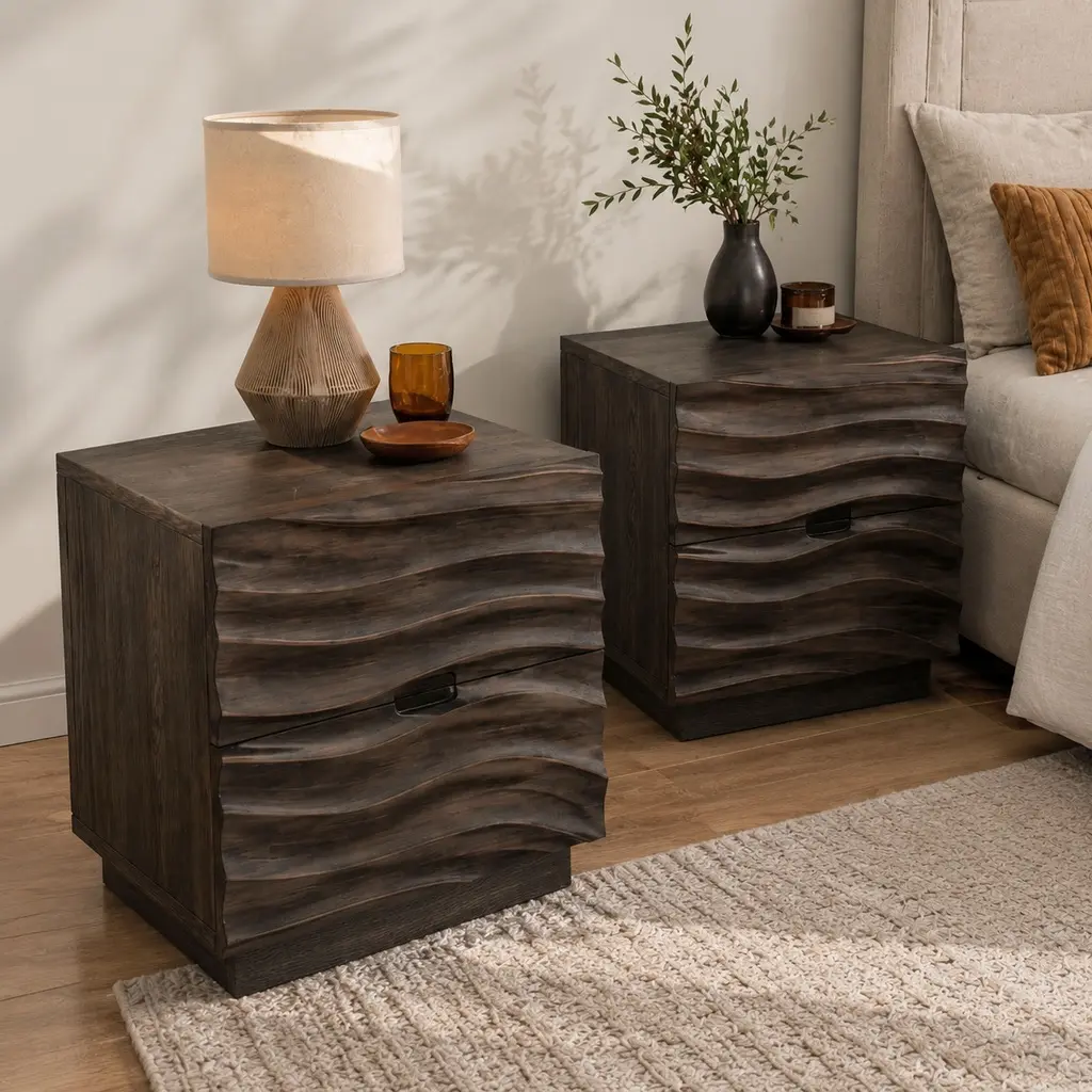 2-Piece Handleless Solid Pine & Ash Wood Bedside Cabinet Set - Brown, Assembled, 23.62" Tabletop, 94.80 lbs, with 2 Silent-Rail Drawers, Sturdy Base for Bedroom