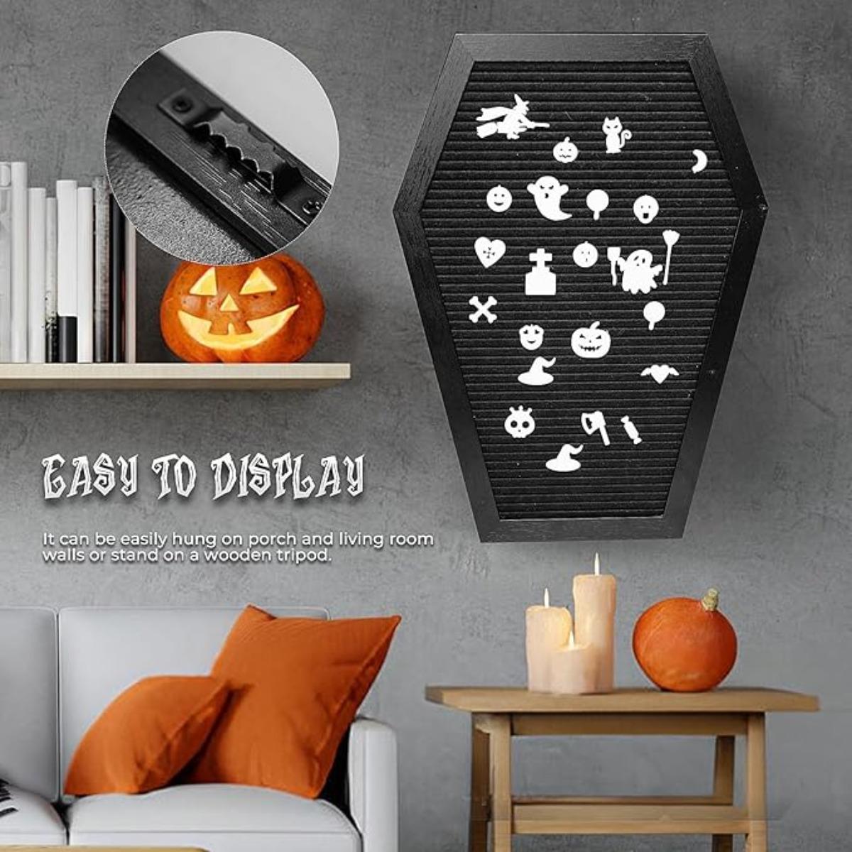 Coffin Letter Board Sign with 500 Characters Spooky Halloween Characters Wooden Stand and Canvas Bag 16 x 11 Inches Halloween Coffin Felt Letter Board for Home Gothic Halloween Decor