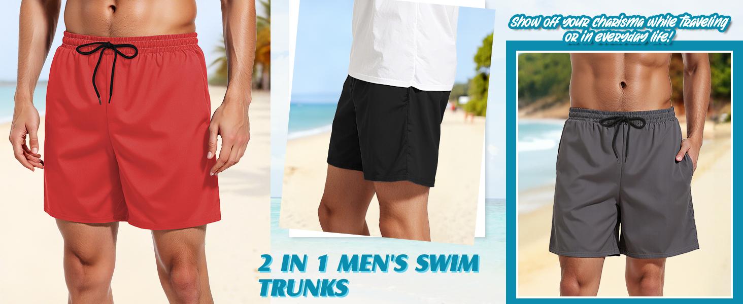 Mens Swim Trunks with Compression Liner 5 Inch Inseam Quick Dry Swim Shorts Mens Swimsuit Board Shorts with Pockets