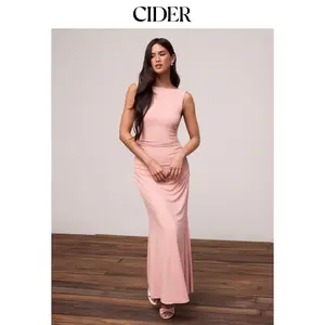 Cider Boat Neck Ruched Pearl-Back Detail Maxi Dress Dealsforyou