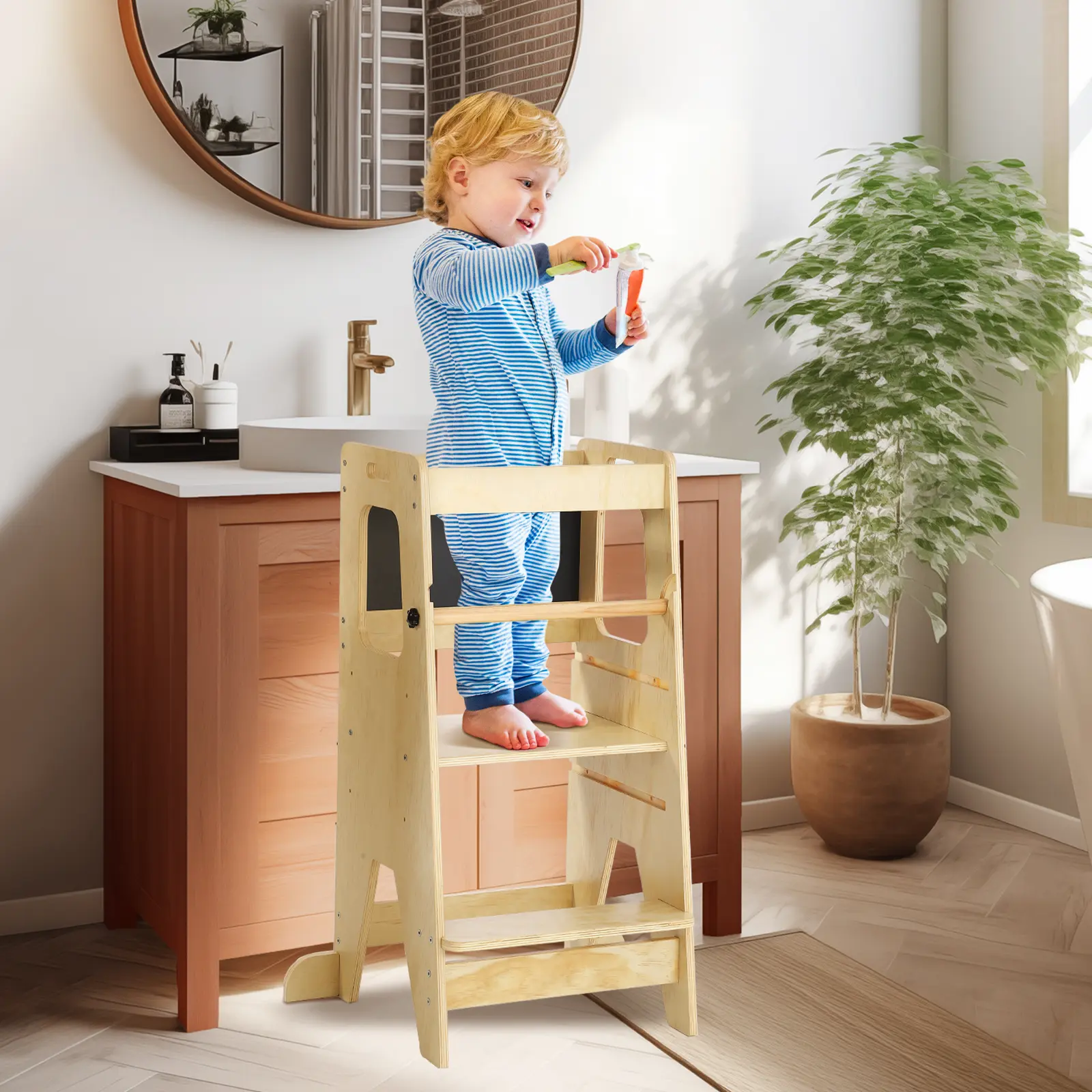 Wooden Toddler Kitchen Helper Tower with Blackboard, Height Adjustable Kids Step Stool for Kitchen Counter & Bathroom, Steady Solid Wood Learning Standing Helper Stool for Boys Girls (18 Months to 6 Years)