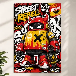 Street Rebel Red Yellow Graffiti Canvas Poster, Urban Robot Skateboard Wall Art, Edgy Print for Teen Bedroom, Entryway, Gaming Room, Modern Aesthetic Home Decor Gift,wall decor,poster.