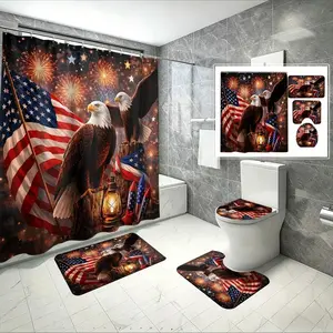 1/4pcs American Flag Eagle Shower Curtain, 4th of July Decor, Patriotic Fireworks, Bald Eagle, Thicker Soft Fabric, with Hooks, Bathroom Decoration