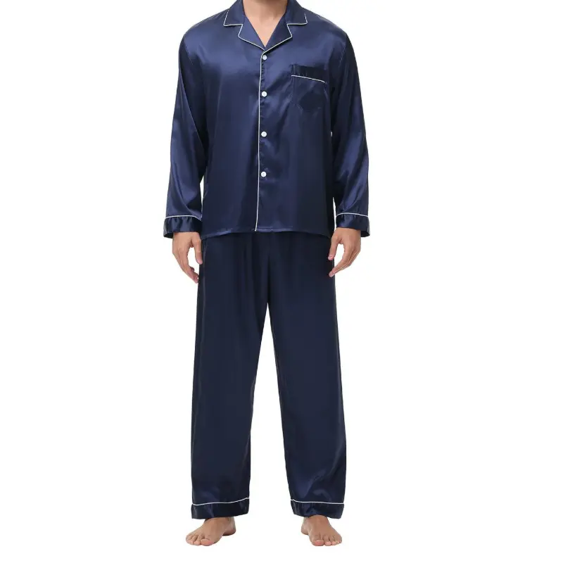 Men's Lapel Long Sleeve Pajama Set, Two-Piece Button Front Sleepwear Set With Contrast Binding Piping, Silky Soft Loungewear, Ideal For Men Daily Home Wear, Leisure Time And Holiday Gifts For All Seasons