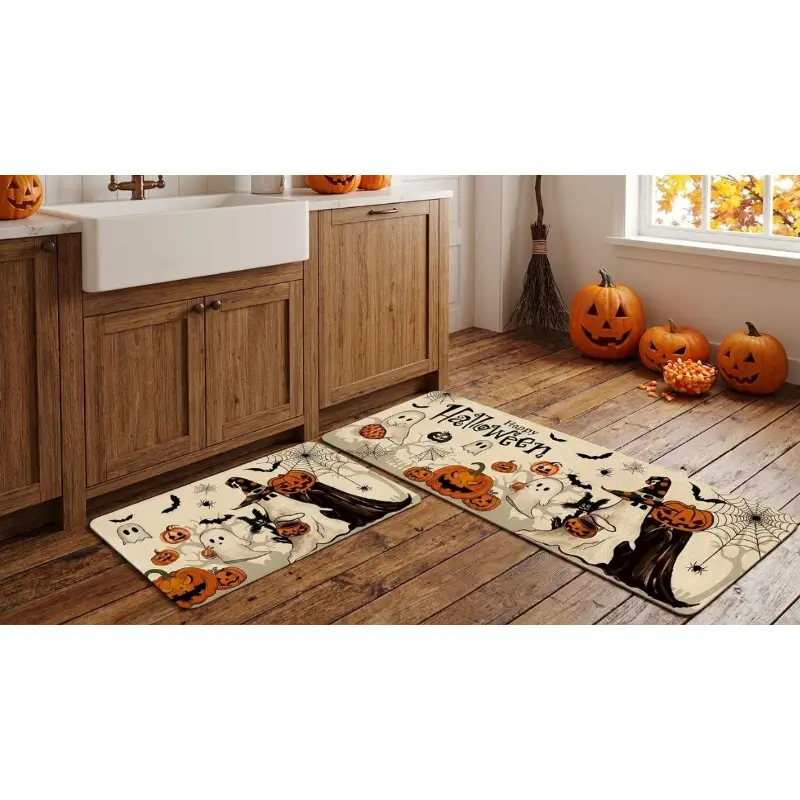 Halloween Kitchen Mat Set of 2,Ghost Evil Pumpkin Bat Happy Halloween Floor Mats and Rugs Non Skid Washable for Kitchen Home Decor Decorations and Accessories (16*24in+18*48in)