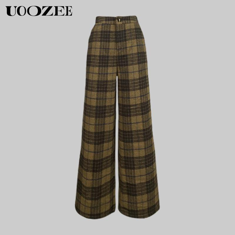 UOOZEE Women's Autumn Winter Retro Classic 2 Piece Blazer Suit, No Belt Pockets Blazer New Long Sleeves Loose Elegant Formal Business Outerwears Jackets & Plaid Pockets High Waisted Loose Full Length Trousers Pants
