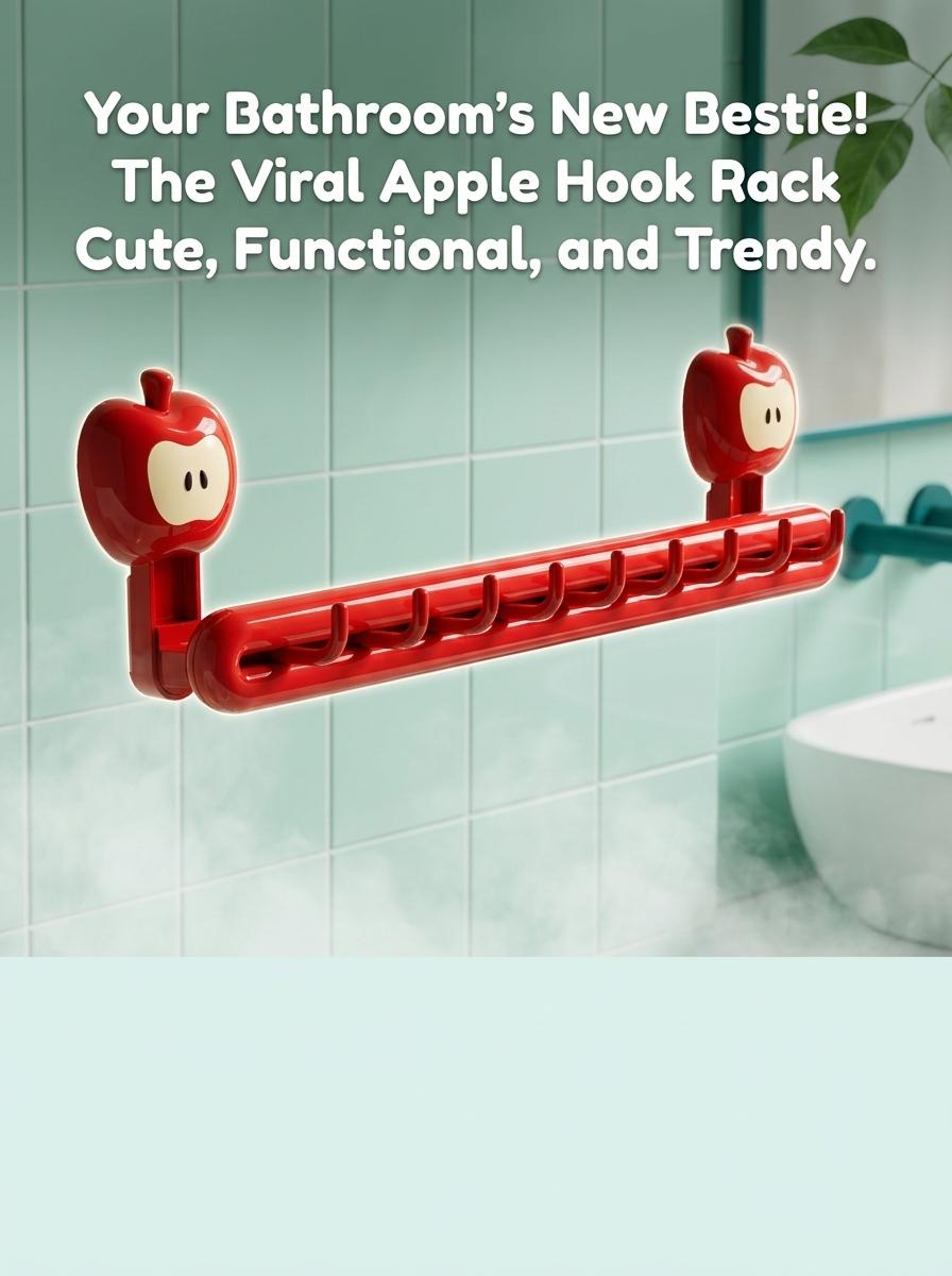 Cute Apple Wall Hook Rack| No-Drill Adhesive Bathroom Organizer| Dopamine Home Decor for Towels & Brushes