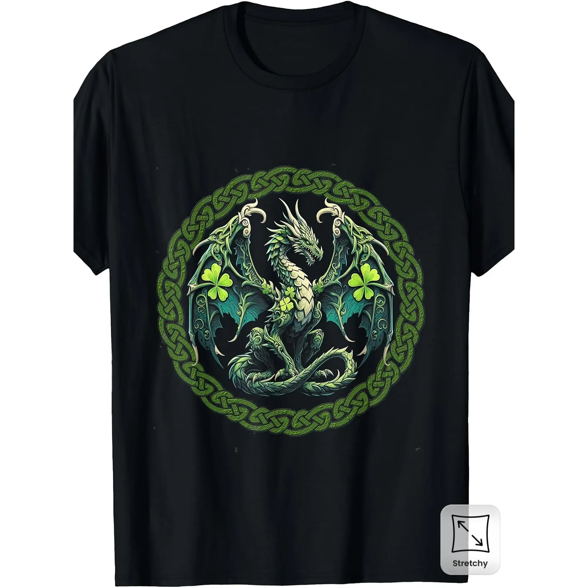 Tribal Irish Green Celtic Knot Fantasy Dragon | Patrick Day T-Shirt, Vintage Style, Crew Neck, Slight Stretch Fabric, Regular Fit, Perfect for Adults