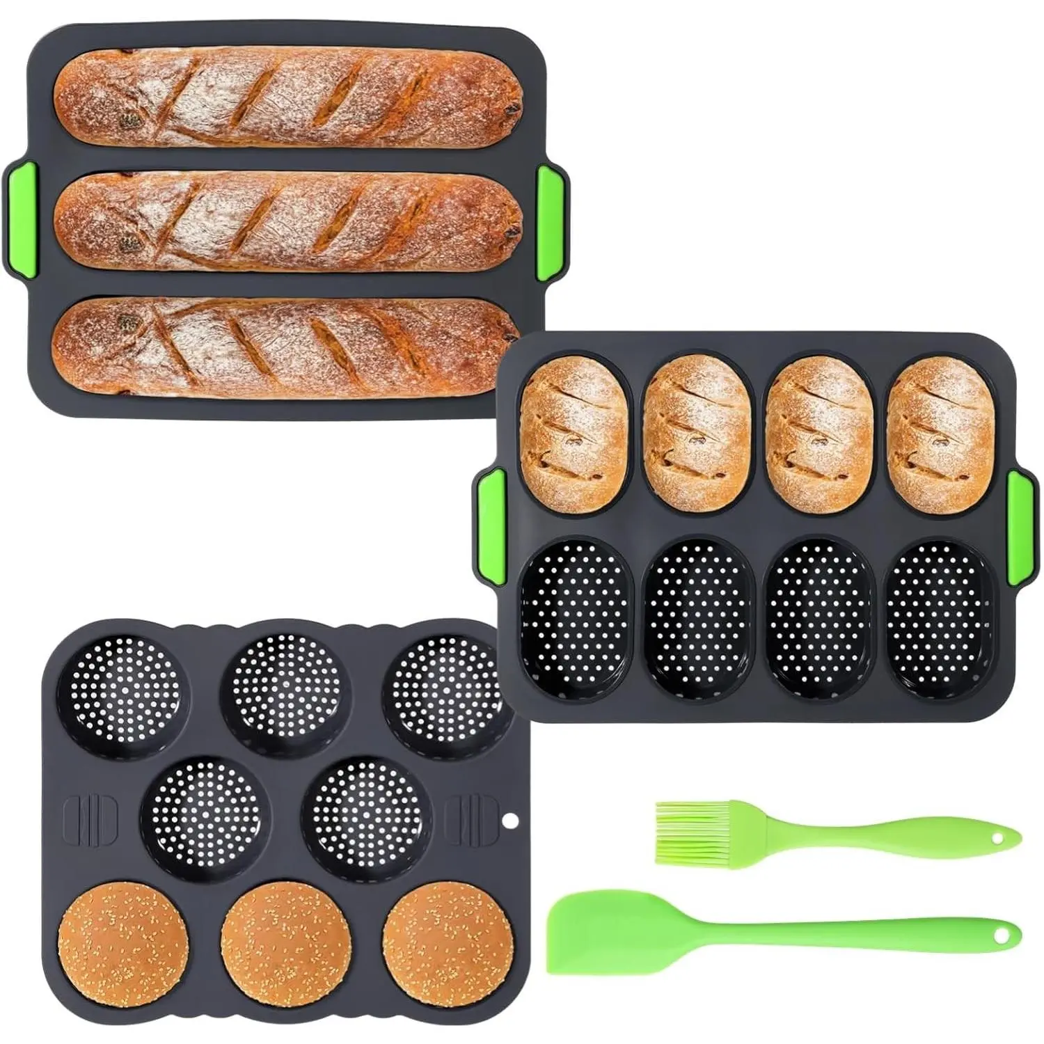 Silicone Hamburger Bun Mold Set of 5 - 3 & 8 Cup Nonstick Silicone Hamburger Bun and Baguette Pan with Scraper and Oil Brush, Baking Tray Bread Pans for Homemade Bread Loaf Sandwich