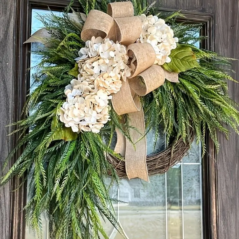 Rustic Wreath with Hanging Branches & Bow, Asymmetric Farmhouse Door Decor, Faux Flowers & Rattan Base, Year-Round Accent