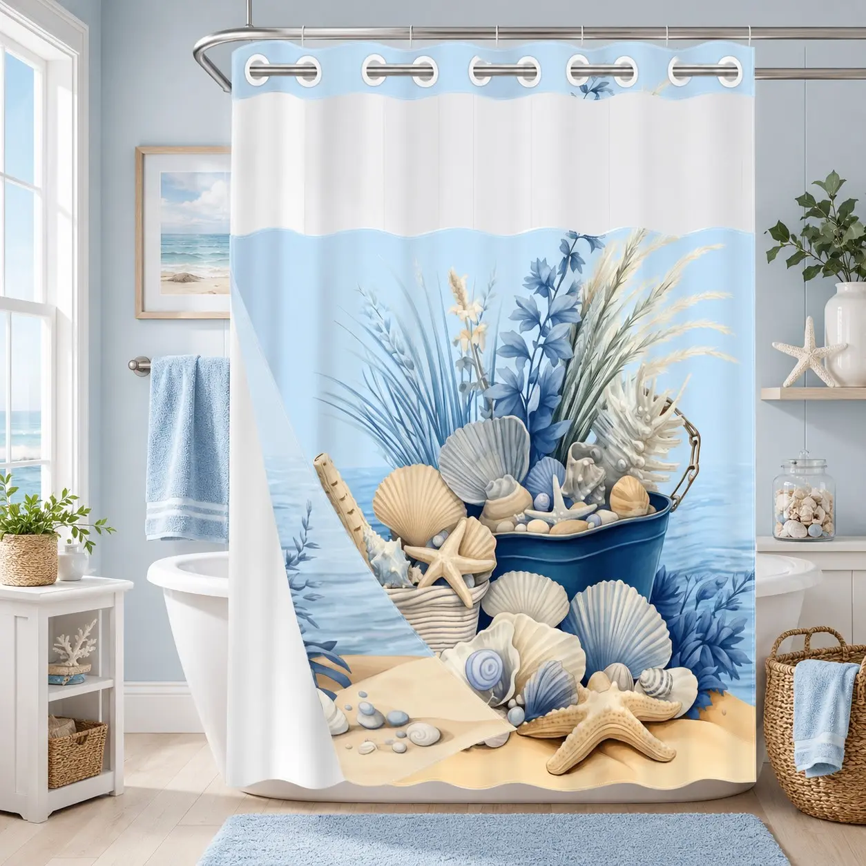 1PC/4PCS 2D Flat Printing Blue and White Beach Shells and Starfish Patterned Decorative shower curtain, home bathroom decor, shower curtain set with 12 hooks, non-slip bathroom rug, U-shaped toilet seat cover, toilet seat mat.
