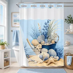 1PC/4PCS 2D Flat Printing Blue and White Beach Shells and Starfish Patterned shower curtain, home bathroom decor, shower curtain set with 12 hooks, non-slip bathroom rug, U-shaped toilet seat cover, toilet seat mat.