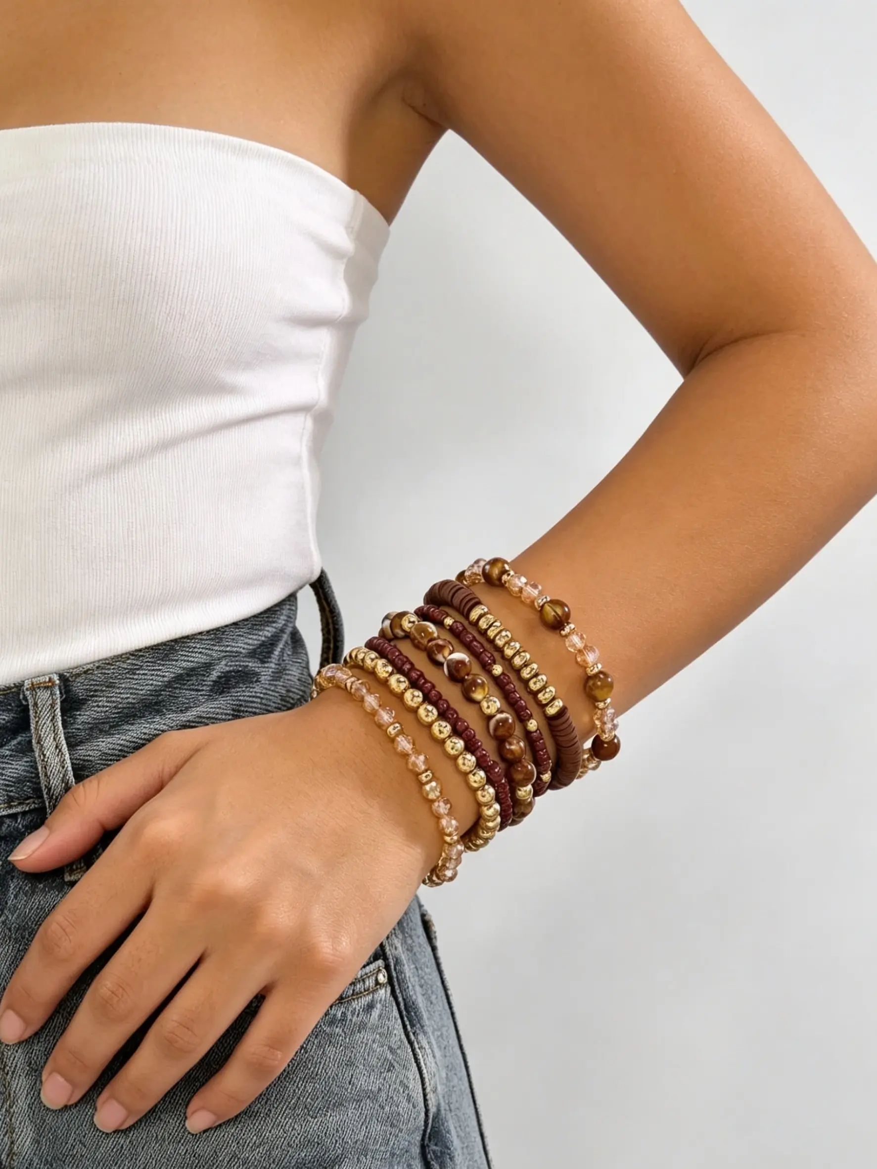 7-Piece Bohemian Earth Tone Vacation Style Beaded Bracelet Set, Casual Versatile Crystal Polymer Bead Bracelets, Perfect for Daily Wear