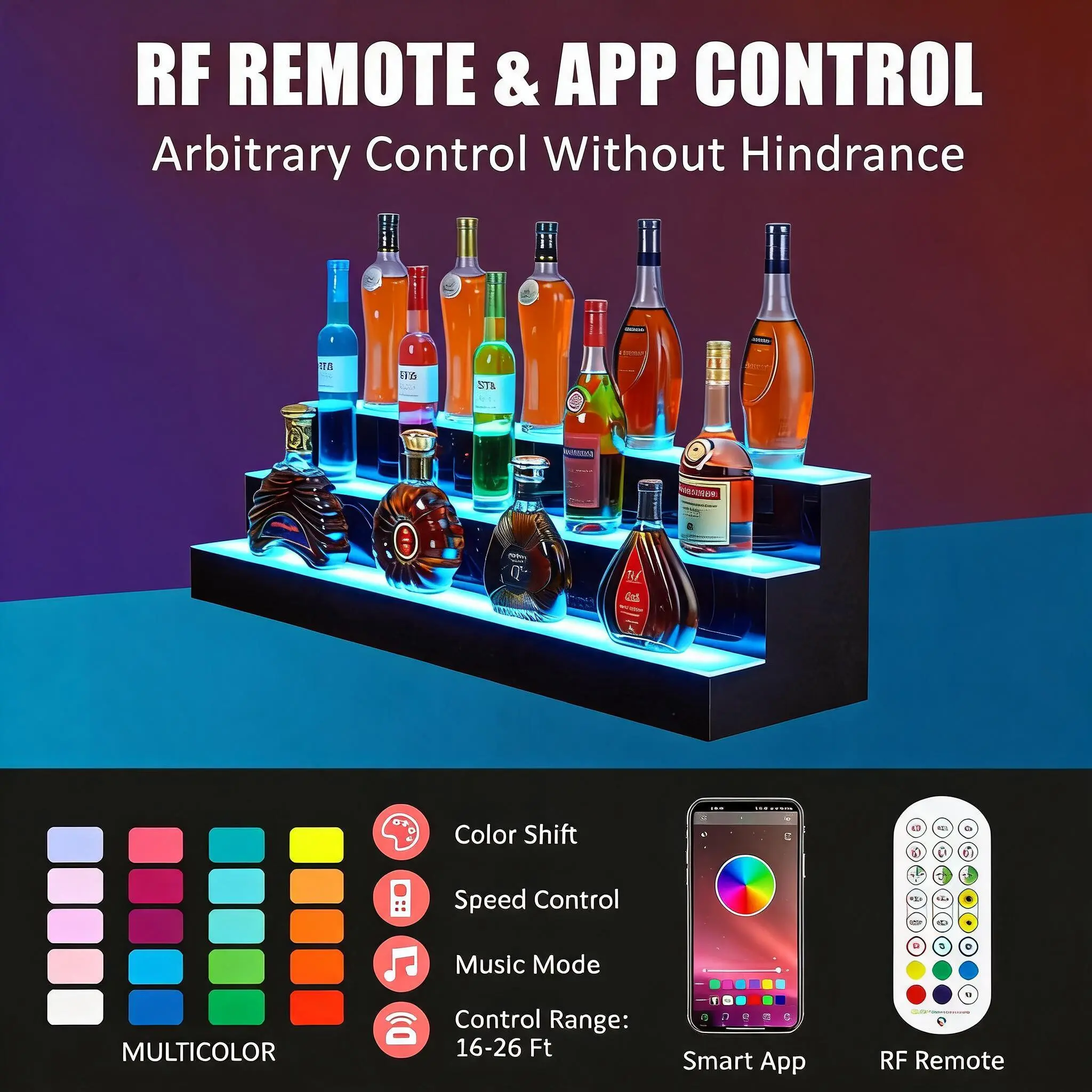 LED Lighted Liquor Bottle Display Shelf, Bar Shelves for Liquor Bottles, Wall Mounted Acrylic Liquor Bottle Rack with Remote & App Control, Illuminated Bottle Shelf for Home Commercial Bar