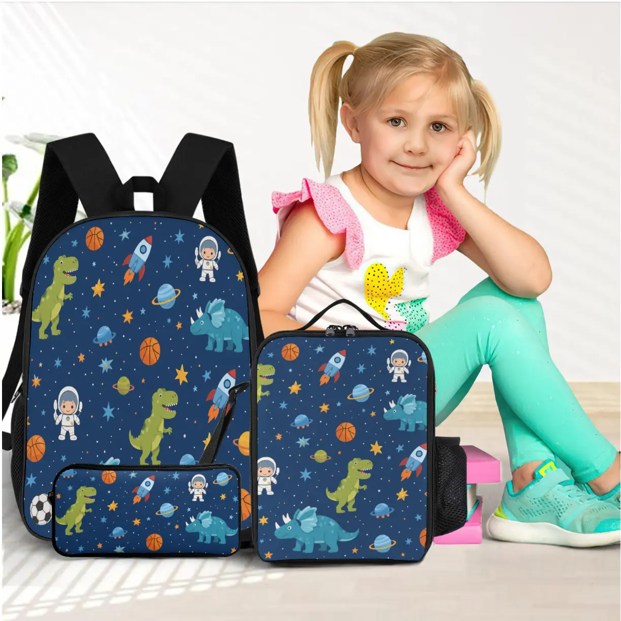 Children's backpack set, dinosaur sports space rocket schoolbag lunch box pencil case, boys' back-to-school gift set, essential gift for the start of the school year