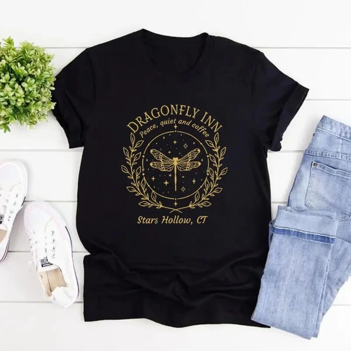 Women's Comfortable Vintage Printed Crew Neck Shortsleeve T-Shirt - Stars Hollow Lukes Diner Dragonfly Inn Graphic, Customized Beach Anniversary Spring Summer Casual Top For Ladies