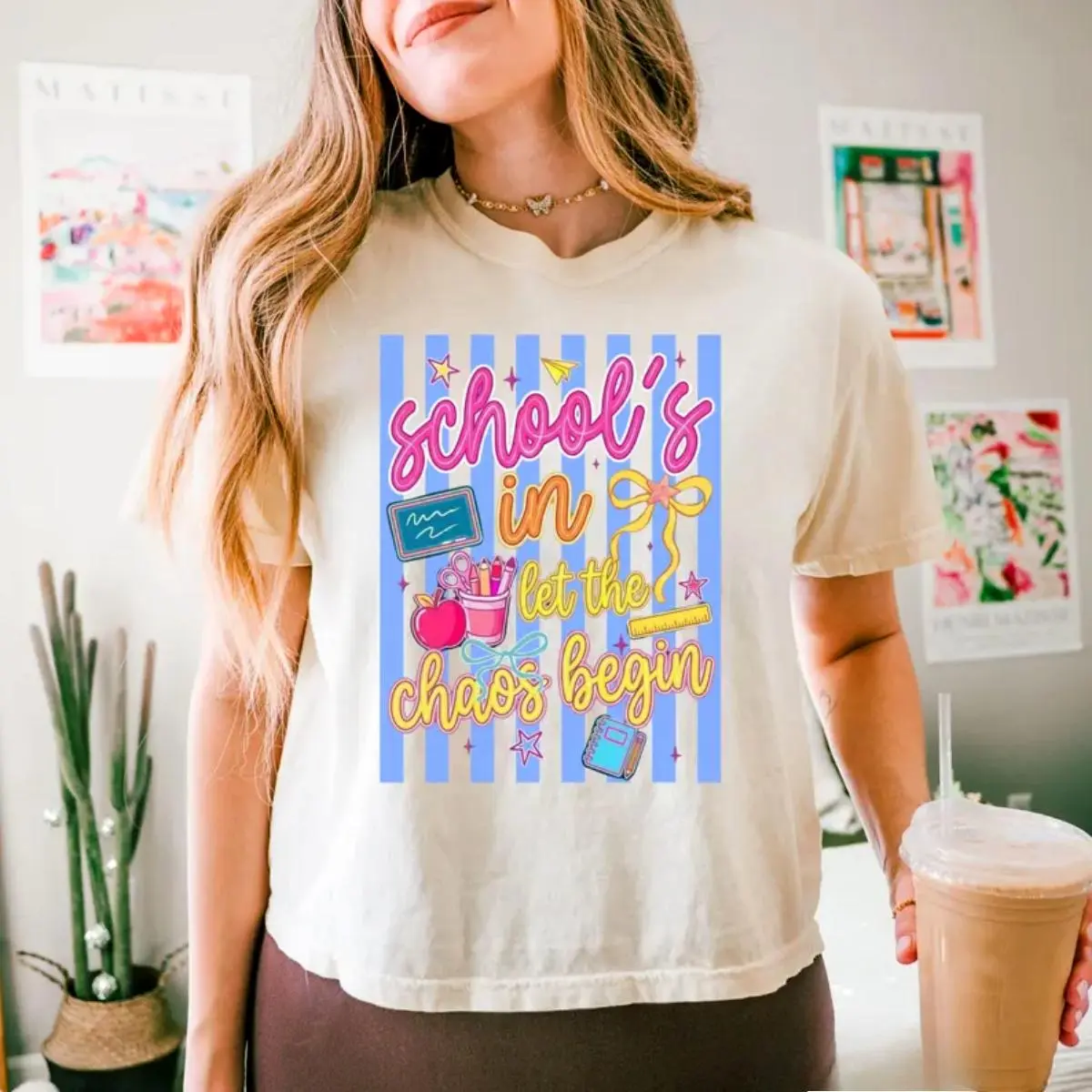 School's In Let The Chaos Begin" Colorful School Supply Graphic Cotton T-Shirt, Teacher Comfort Tee, Back To School Fashion Outfit, Oversized Casual Shirt, First Day Of School & Funny Teacher Gift For Her