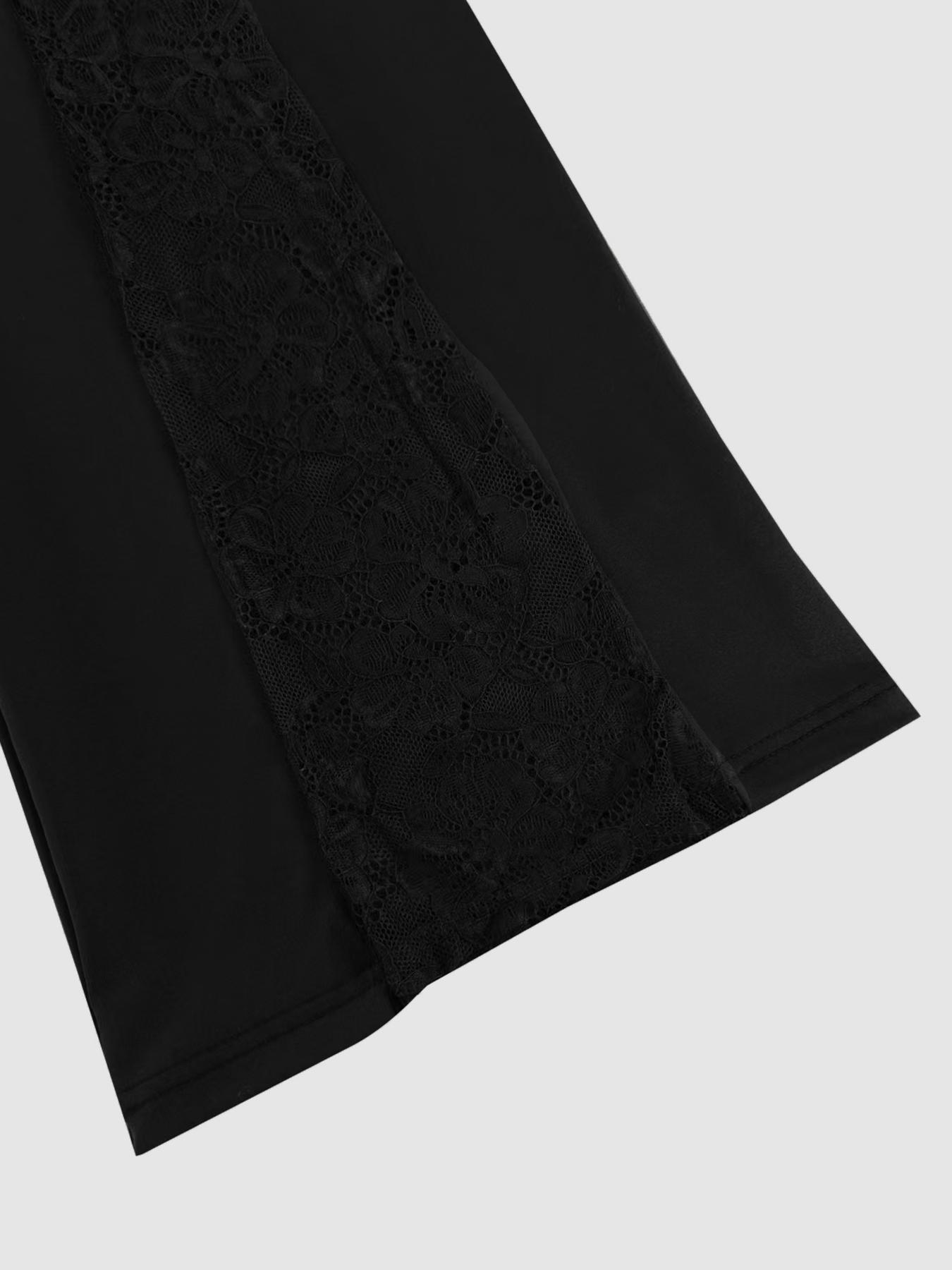 Women's solid color knitted fashionable pants, decorated with buttons, elegant semi transparent lace splicing wide leg bell bottoms, elegant and fashionable design - suitable for spring and summer - can be formal or casual, suitable for daily outdoor wear