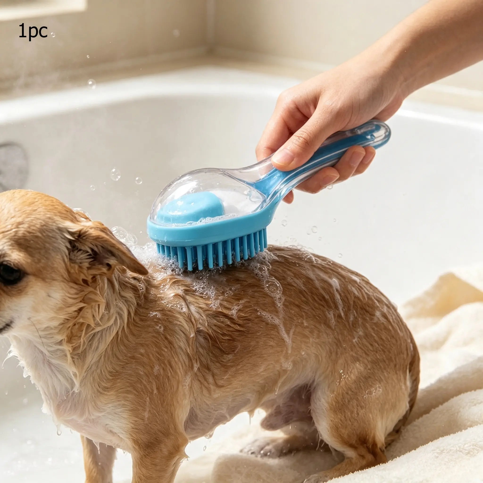 1 Upgraded Version with Soap Dispenser Pet Grooming Brush + 1 Hook - 2-In-1 Shampoo Dispenser And Massage Brush, Soft Silicone Bristles, Pet Bath Grooming Massage Brush, Suitable for Dogs And Cats, Suitable for All Hair Types